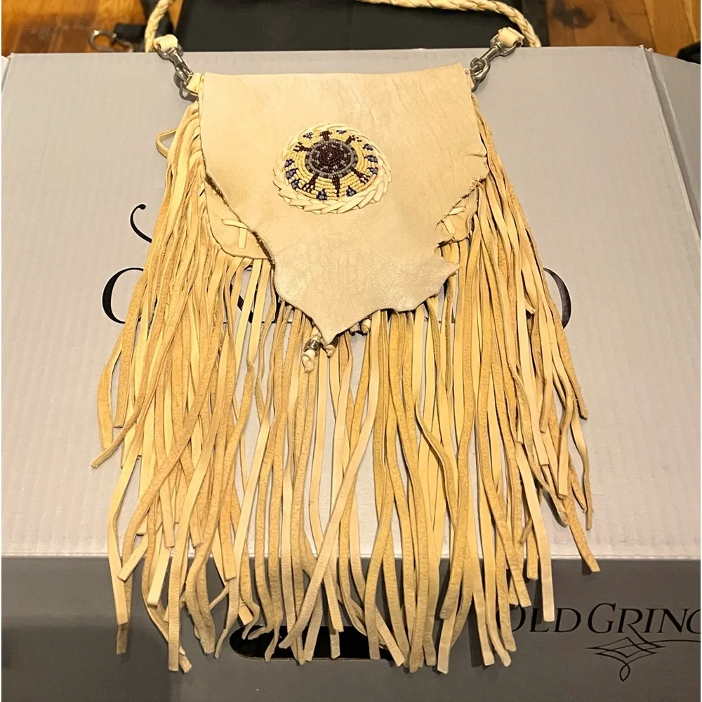 Buttery soft deerskin handmade Native American beaded fringe crossbody bag EUC